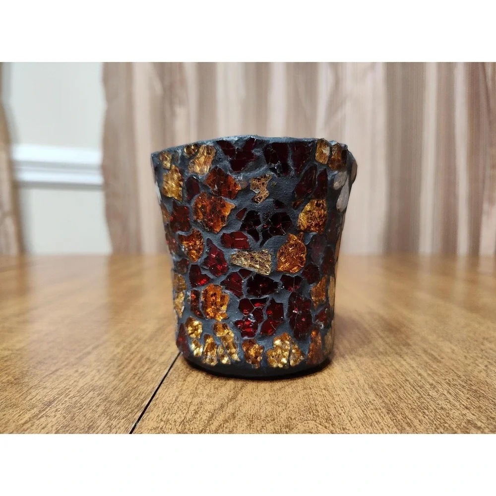 Handmade Pumpkin Spice Scented Candle In Vintage Mosaic Glass Vessel